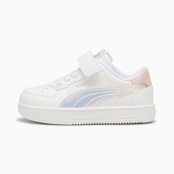 White PUMA trainer for youth, featuring iridescent side stripes and touch-fastening strap.