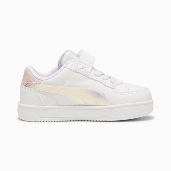 White PUMA trainers for kids with iridescent stripe and touch-fastening strap.