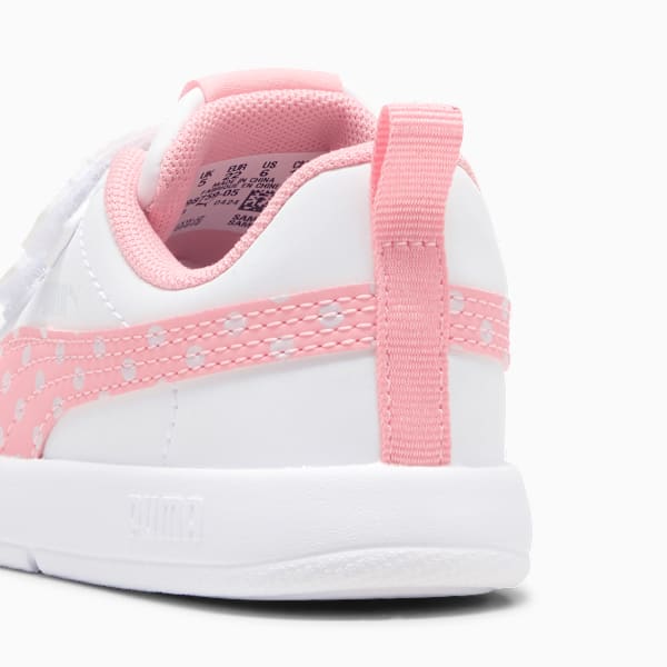 White PUMA trainer for girls with pink trim and polka dot detailing.