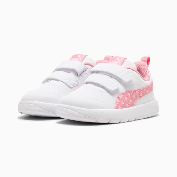 White PUMA trainer for toddlers with pink detailing and touch-fastening straps.