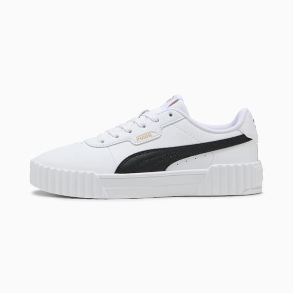 White PUMA trainers for women with a black stripe and lace-up fastening.