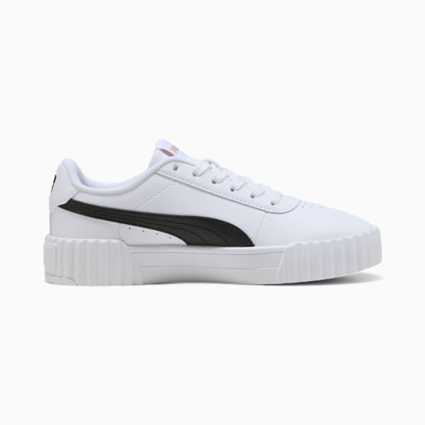 White PUMA trainer for women, featuring a black stripe and a ridged sole.