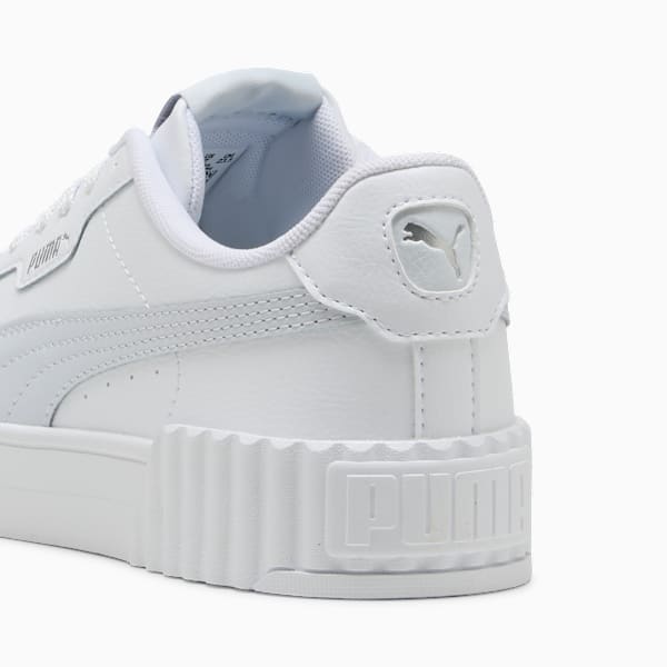 White PUMA trainer, women's, showing heel area with logo detail on the upper.
