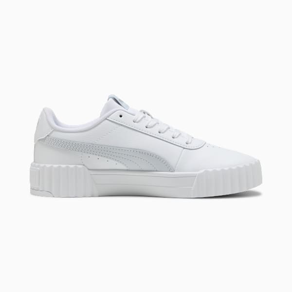 White PUMA trainer, women's, with tonal formstrip and a raised textured sole.