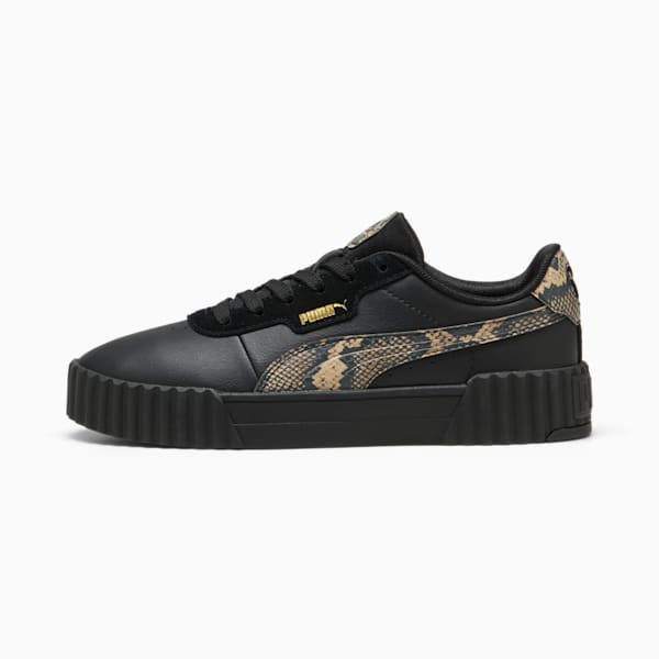 Black PUMA trainer, women's, with reptile-print stripe and ridged sole.