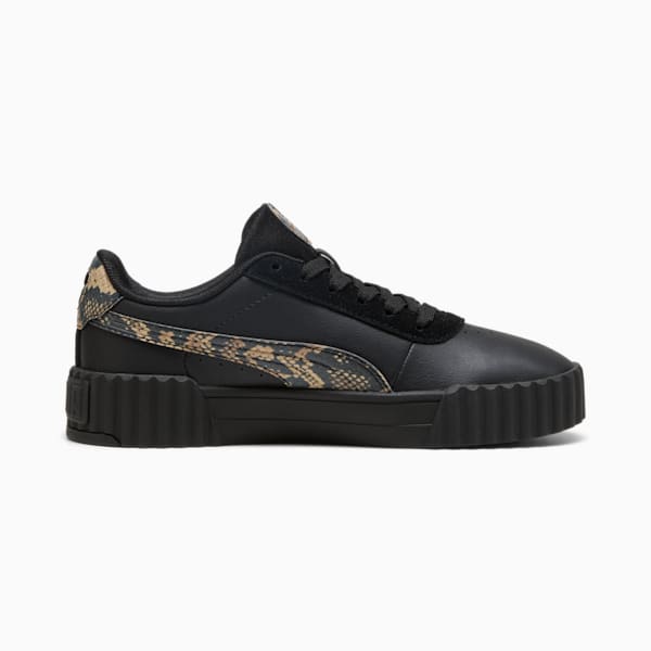 Black PUMA trainer for women with snakeskin-patterned side stripe and ridged sole.