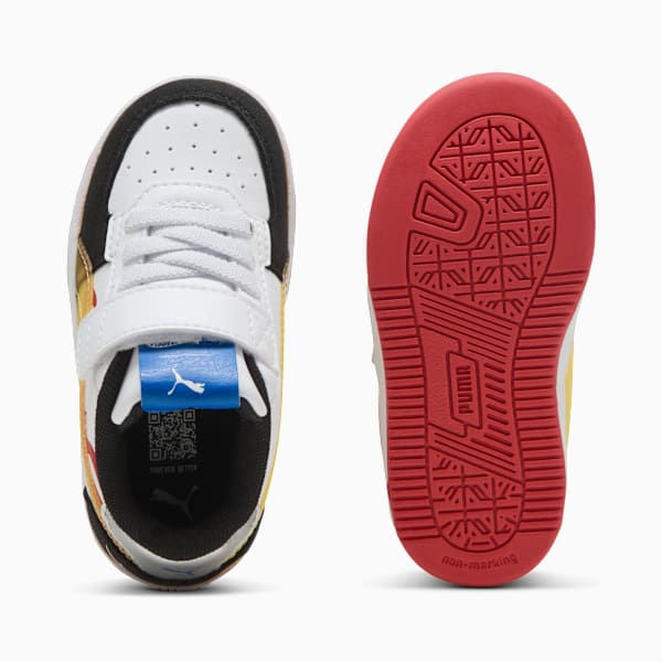 White PUMA trainer for toddlers with laces and a strap, shown with a red sole.