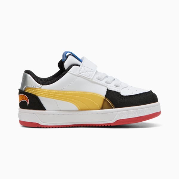 White PUMA toddler's trainer with gold stripe and touch-fastening closure.