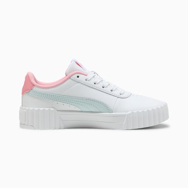 White PUMA trainer with light blue stripe and pink heel detail for women.
