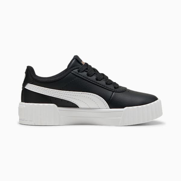 Black PUMA trainer for girls with white formstrip and ridged sole.