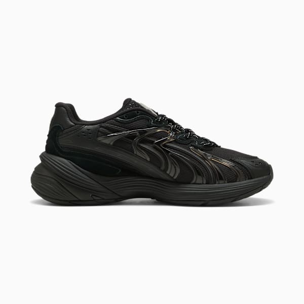 Black PUMA women's sneaker with layered design and lace-up closure.