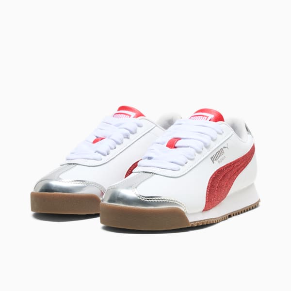 Tenis Roma 24 Holiday Glitz para niños grandes, PUMA White-For All Time Red-PUMA Silver, extralarge
