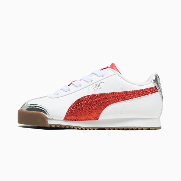 Puma Roma 24 Holiday Glitz Little Kids Sneakers White For All Time Red Silver 2