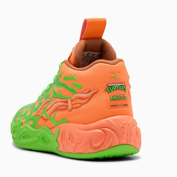 Tenis PUMA x LAMELO BALL x TMNT MB.04 Leonardo Michelangelo para niños pequeños, Fluro Green Pes-Orange Glow-Bright Aqua, extralarge