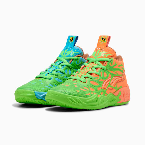 Tenis PUMA x LAMELO BALL x TMNT MB.04 Leonardo &amp; Michelangelo para niños pequeños, Fluro Green Pes-Orange Glow-Bright Aqua, extralarge