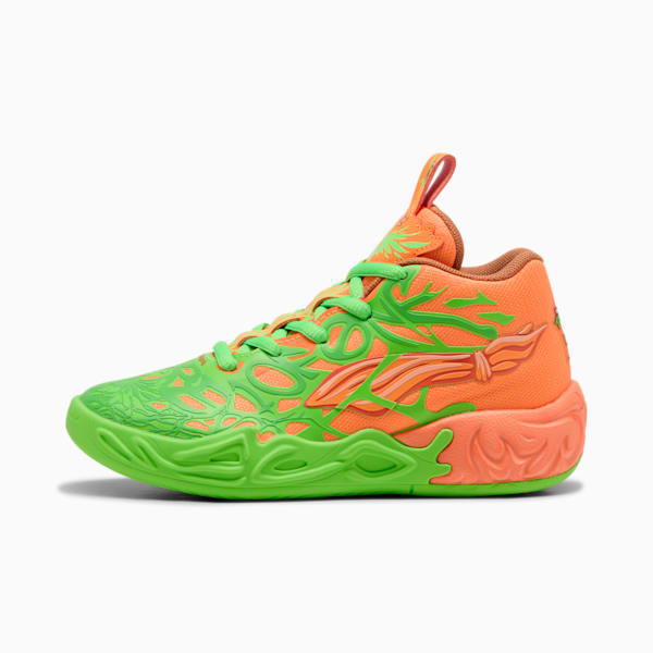 Tenis PUMA x LAMELO BALL x TMNT MB.04 Leonardo &amp; Michelangelo para niños pequeños, Fluro Green Pes-Orange Glow-Bright Aqua, extralarge