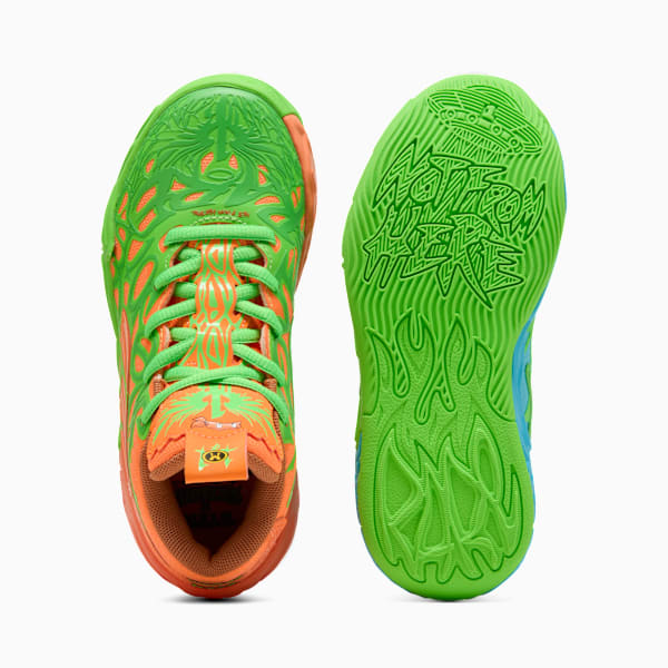 Tenis PUMA x LAMELO BALL x TMNT MB.04 Leonardo Michelangelo para niños pequeños, Fluro Green Pes-Orange Glow-Bright Aqua, extralarge