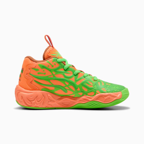 Tenis PUMA x LAMELO BALL x TMNT MB.04 Leonardo &amp; Michelangelo para niños pequeños, Fluro Green Pes-Orange Glow-Bright Aqua, extralarge