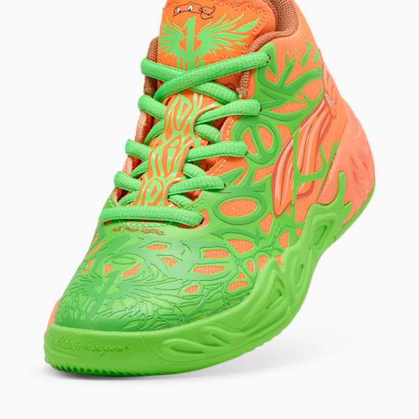 Tenis PUMA x LAMELO BALL x TMNT MB.04 Leonardo &amp; Michelangelo para niños pequeños, Fluro Green Pes-Orange Glow-Bright Aqua, extralarge