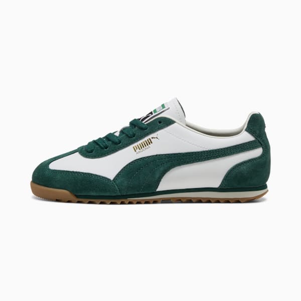 Green and white PUMA Arizona men's shoe with suede and leather-like upper and gum sole.