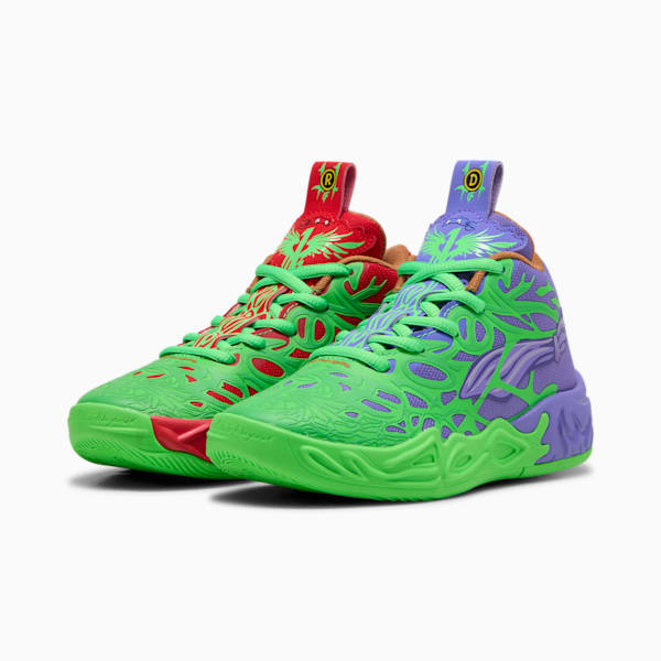 Tenis de básquebol PUMA x LAMELO BALL x TMNT MB.04 Raphael &amp; Donatello para niños pequeños, Dark Amethyst-PUMA Red-Fluro Green Pes, extralarge