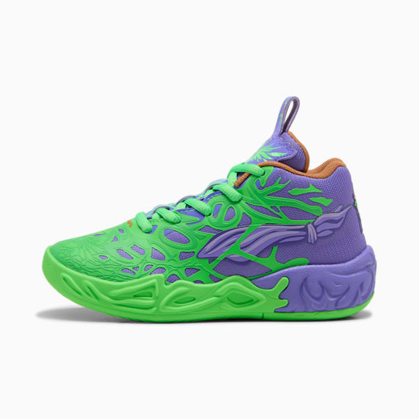 PUMA x LAMELO BALL x TMNT MB.04 Raphael and Donatello Little Kids' Basketball Shoes, Dark Amethyst-PUMA Red-Fluro Green Pes, extralarge