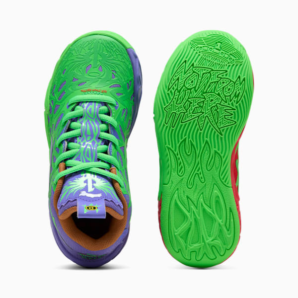 Tenis de básquebol PUMA x LAMELO BALL x TMNT MB.04 Raphael &amp; Donatello para niños pequeños, Dark Amethyst-PUMA Red-Fluro Green Pes, extralarge