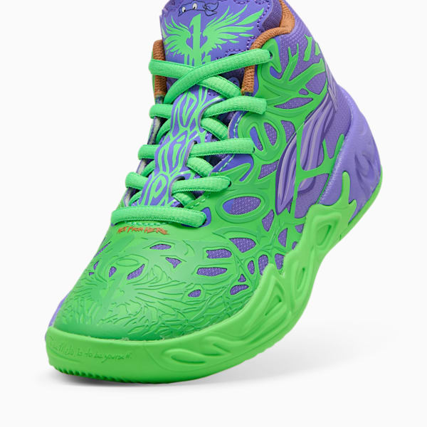 Tenis de básquebol PUMA x LAMELO BALL x TMNT MB.04 Raphael &amp; Donatello para niños pequeños, Dark Amethyst-PUMA Red-Fluro Green Pes, extralarge