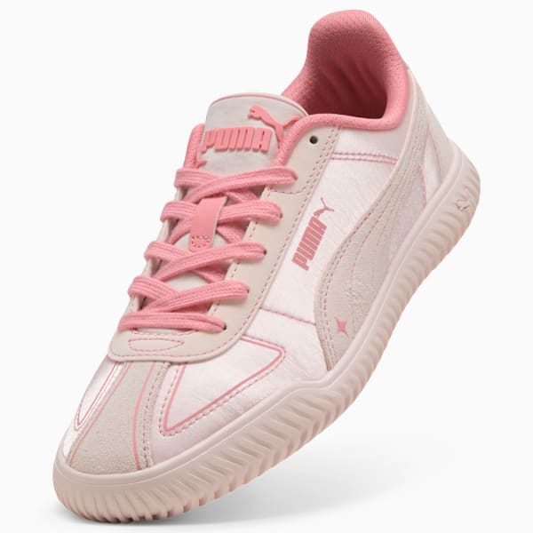 Pink PUMA trainer for youth, featuring pink laces and a tonal design.