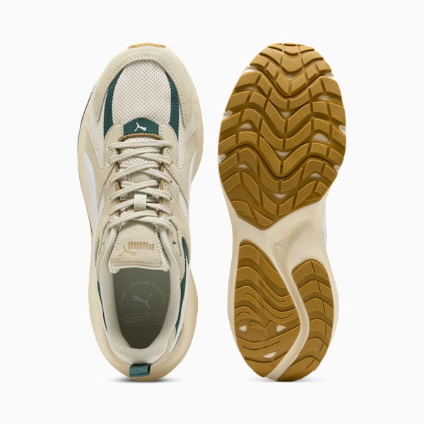 Beige PUMA unisex trainer with a patterned brown sole and lace-up fastening.