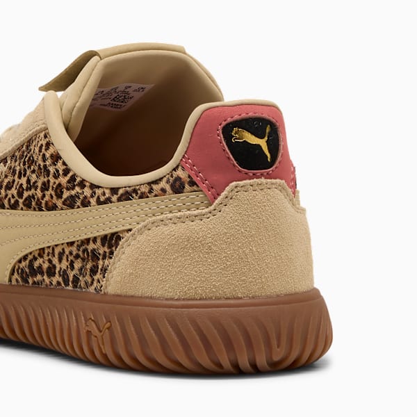 Beige PUMA trainer with leopard print, tan trim, and a pink heel accent.