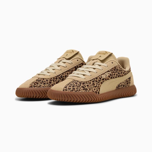 Beige PUMA trainers for children with leopard print and lace-up fastening.