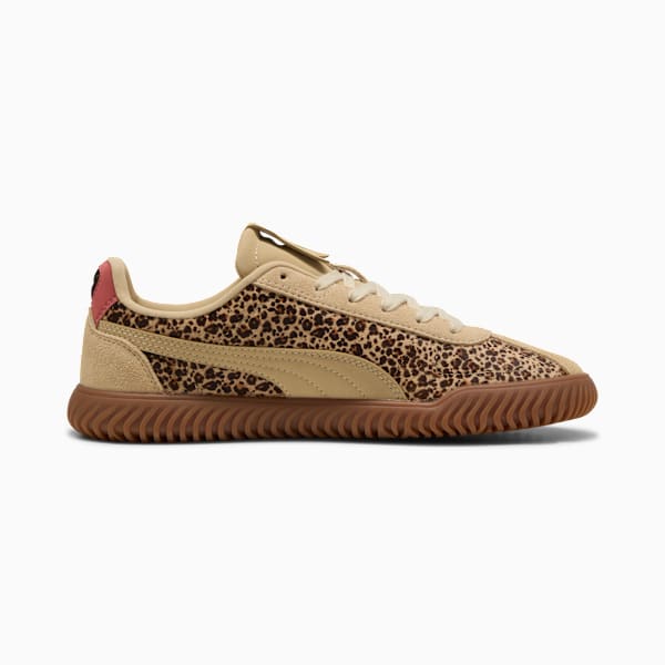 Beige PUMA women's trainer featuring a leopard print design and a ridged brown sole.