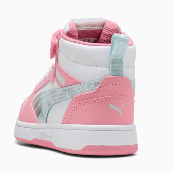 Pink PUMA high-top trainer for kids with hook-and-loop strap and light blue accents.