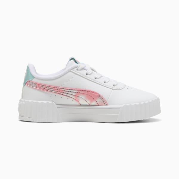 White PUMA trainer for girls with a pink and white stripe design.