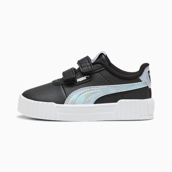Black PUMA trainer for toddlers with touch-fastening straps and iridescent stripe.