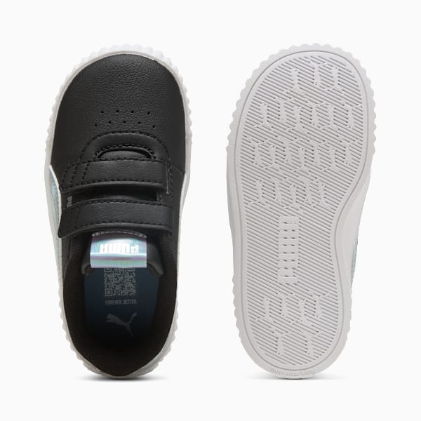 Black PUMA trainer for toddlers with two hook-and-loop straps and patterned white sole.