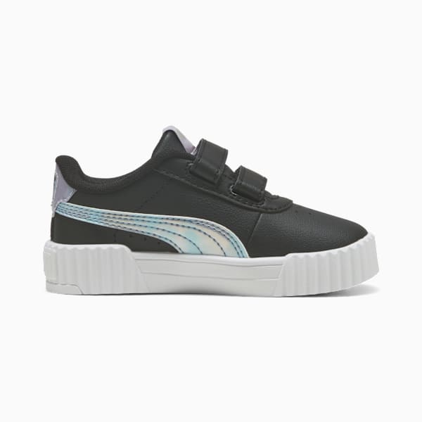 Black PUMA trainer for toddlers with hook-and-loop straps and iridescent stripe.