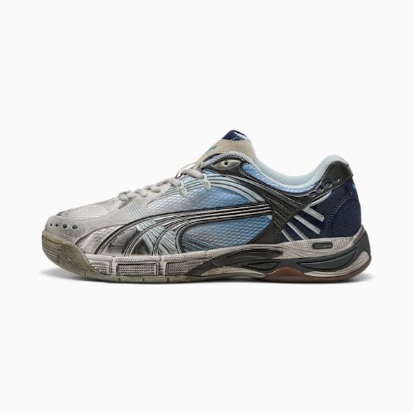 Silver PUMA trainer with blue accents, featuring a metallic side stripe design.