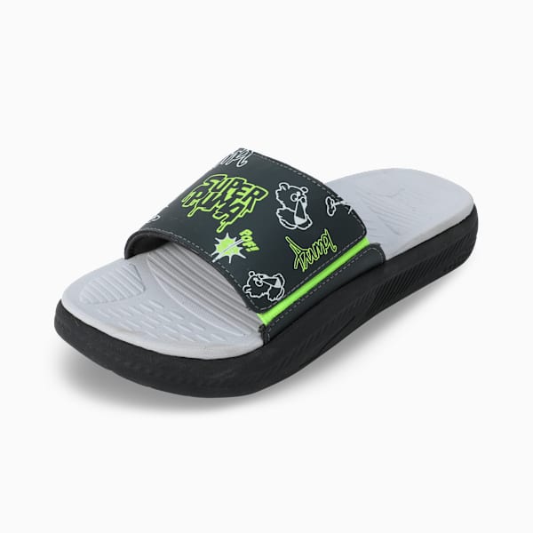 SoftrideSlide SUPER Youth Slides, Shadow Gray-Feather Gray-Yellow Alert, extralarge-IND