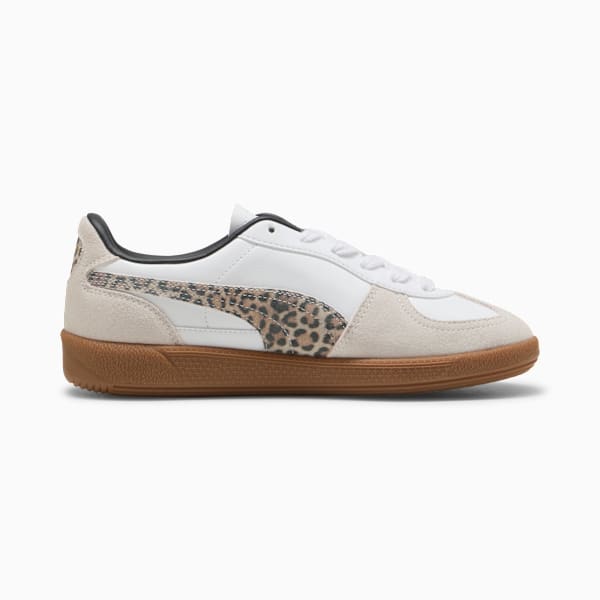 White PUMA trainer with leopard print detailing for women's footwear.