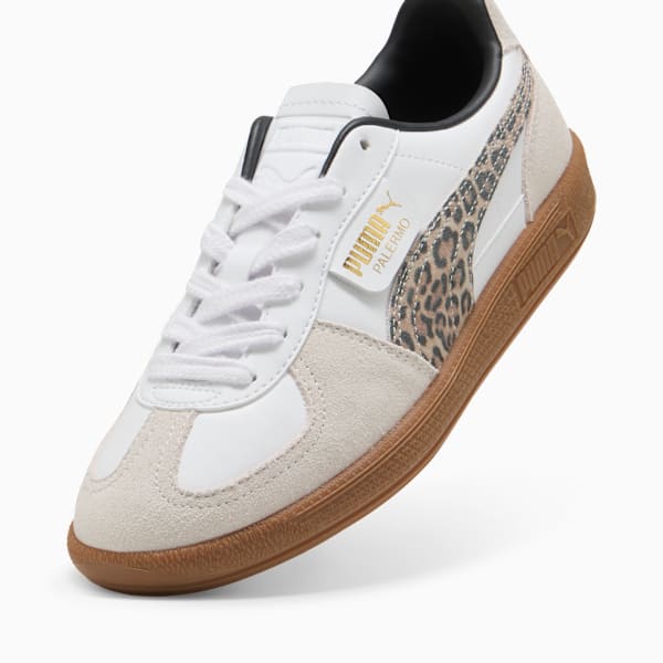 White PUMA Palermo women's trainers with leopard print and a brown sole.