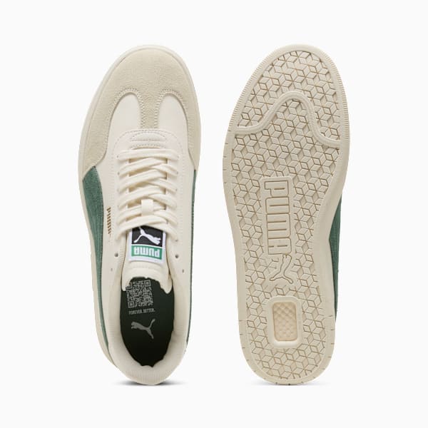 Beige PUMA men's shoe with laces, featuring a green accent and patterned sole.