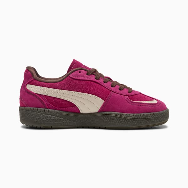Magenta PUMA trainers for adults, featuring brown laces and a cream side stripe.