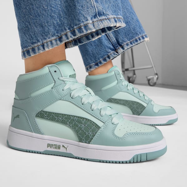 PUMA Rebound Layup Rebel Women's Mid Sneakers, Peaceful Blue-Green Moon-Modern Mint, extralarge