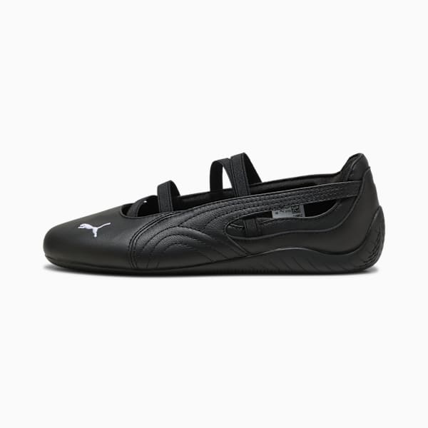 Black PUMA ballet flats for women, featuring elasticated straps and logo.