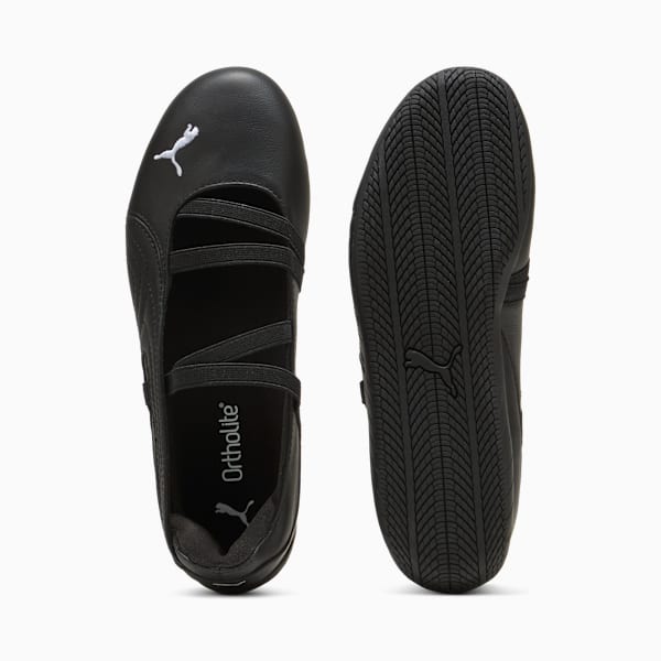 Black PUMA ballet flats for women, featuring elastic straps and a flat sole.