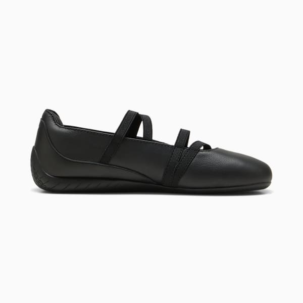 Black PUMA shoe, women's, featuring elasticated straps across the upper section.
