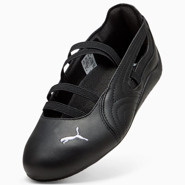 Black PUMA ballet shoe for women, featuring elastic straps and subtle logo detail.