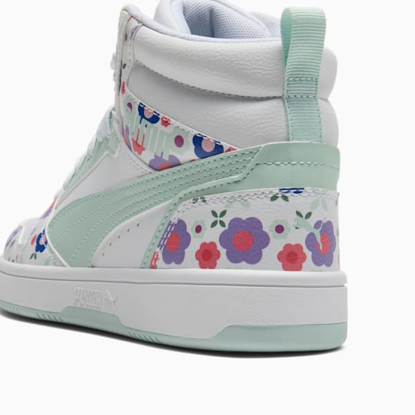 Tenis para niños PUMA Rebound V6 Mid Flower Garden, PUMA White-Peaceful Blue-Green Moon, extralarge